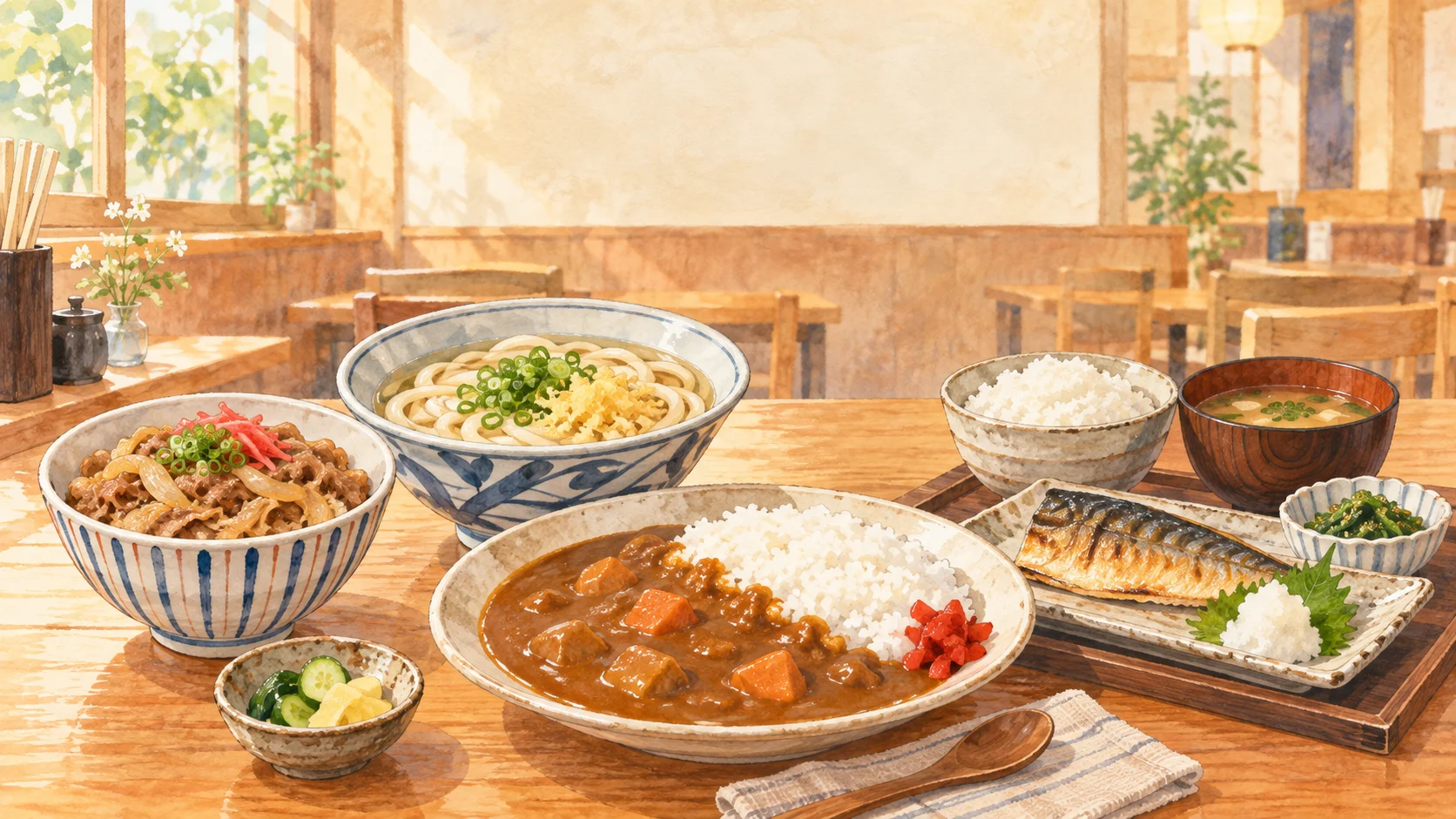 牛丼、うどん、カレー、焼き魚定食が並ぶ安いチェーンランチのイメージ