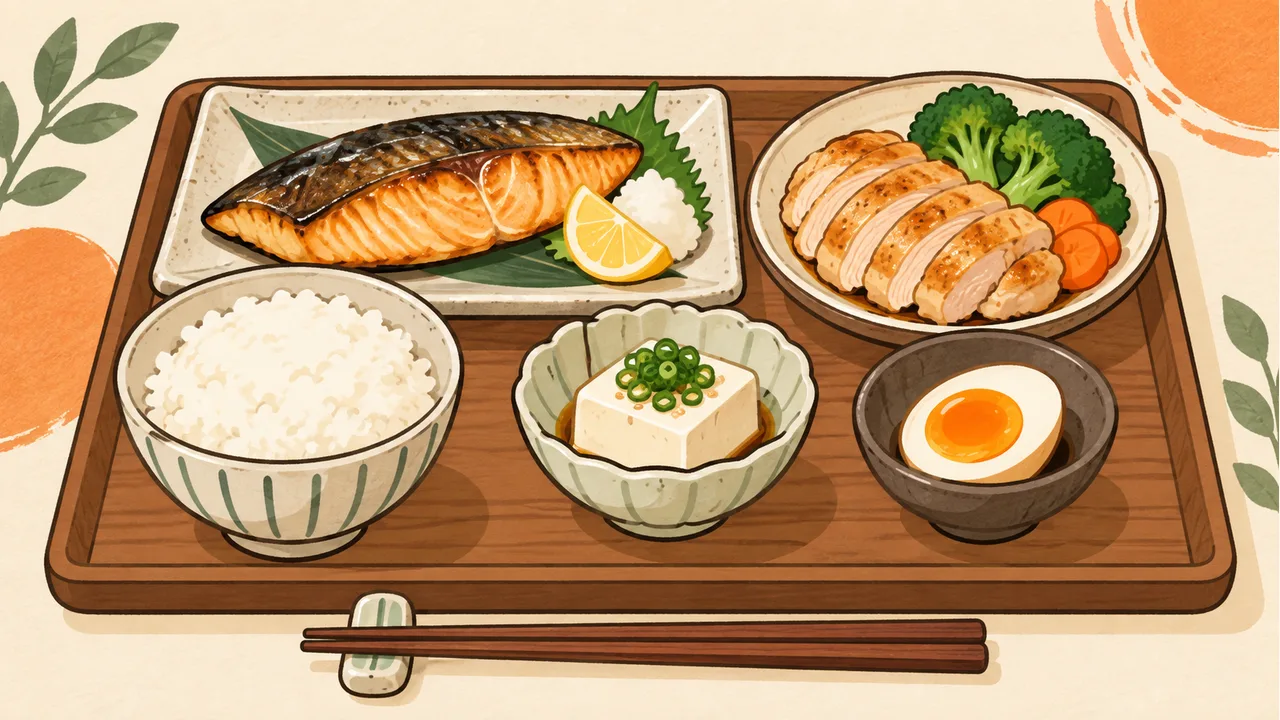 魚・肉・豆腐を使った食事のイメージイラスト（実際の商品とは異なります）