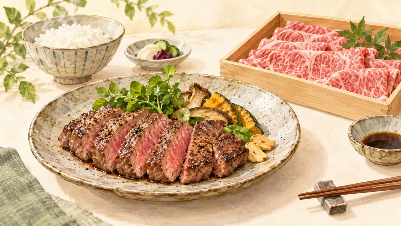 ステーキとすき焼き用の牛肉を描いたイメージイラスト。紹介商品の実物写真ではありません