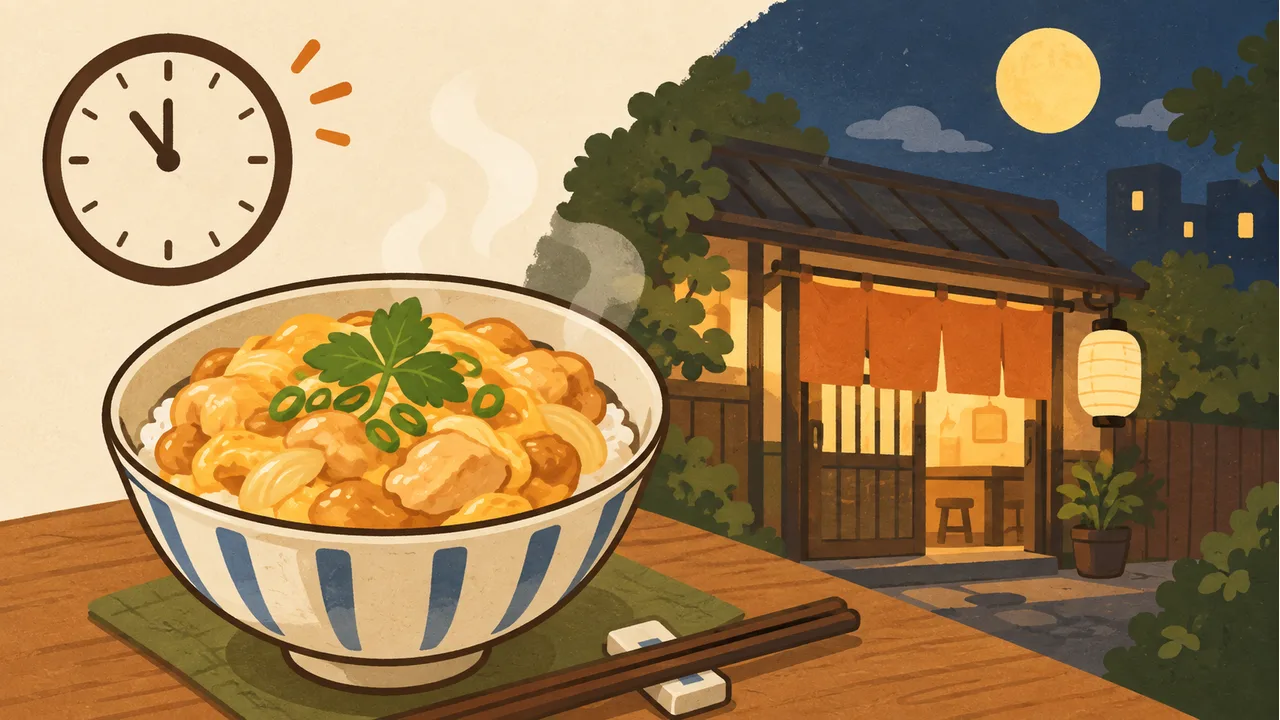 夜の飲食店と時計のイメージイラスト（実際の商品・店舗とは異なります）