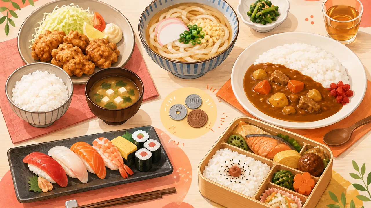 定食、うどん、カレー、寿司、弁当が並ぶ1000円以下ランチのイメージ