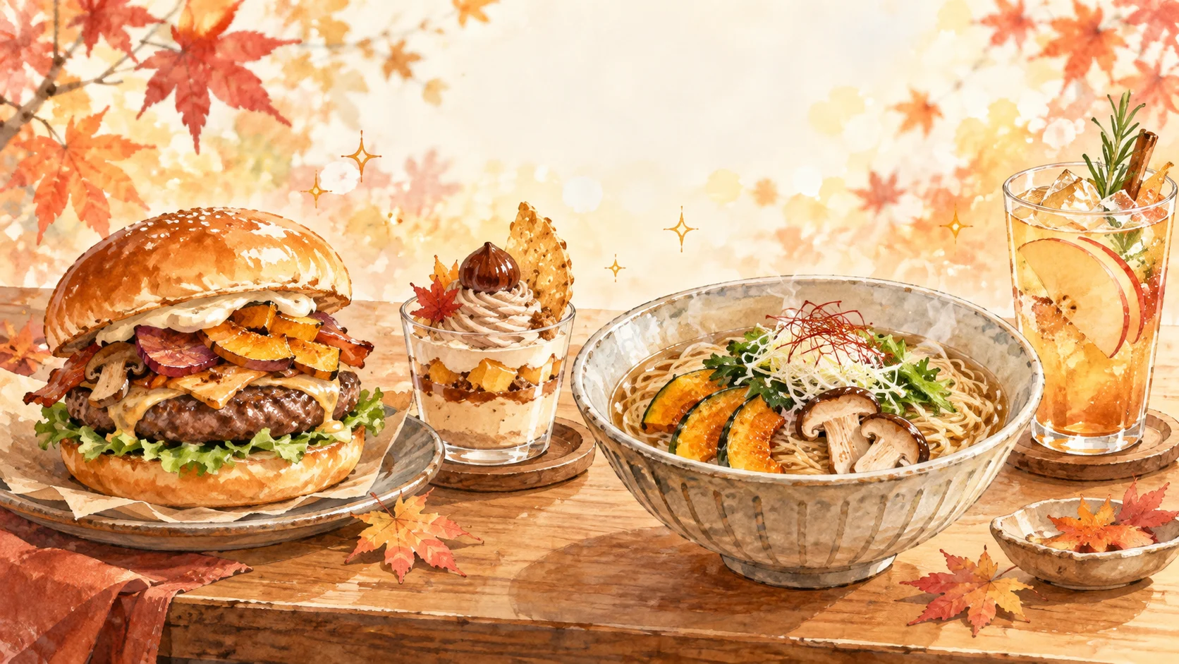 季節限定のバーガー、デザート、麺、ドリンクが並ぶ新商品のイメージ