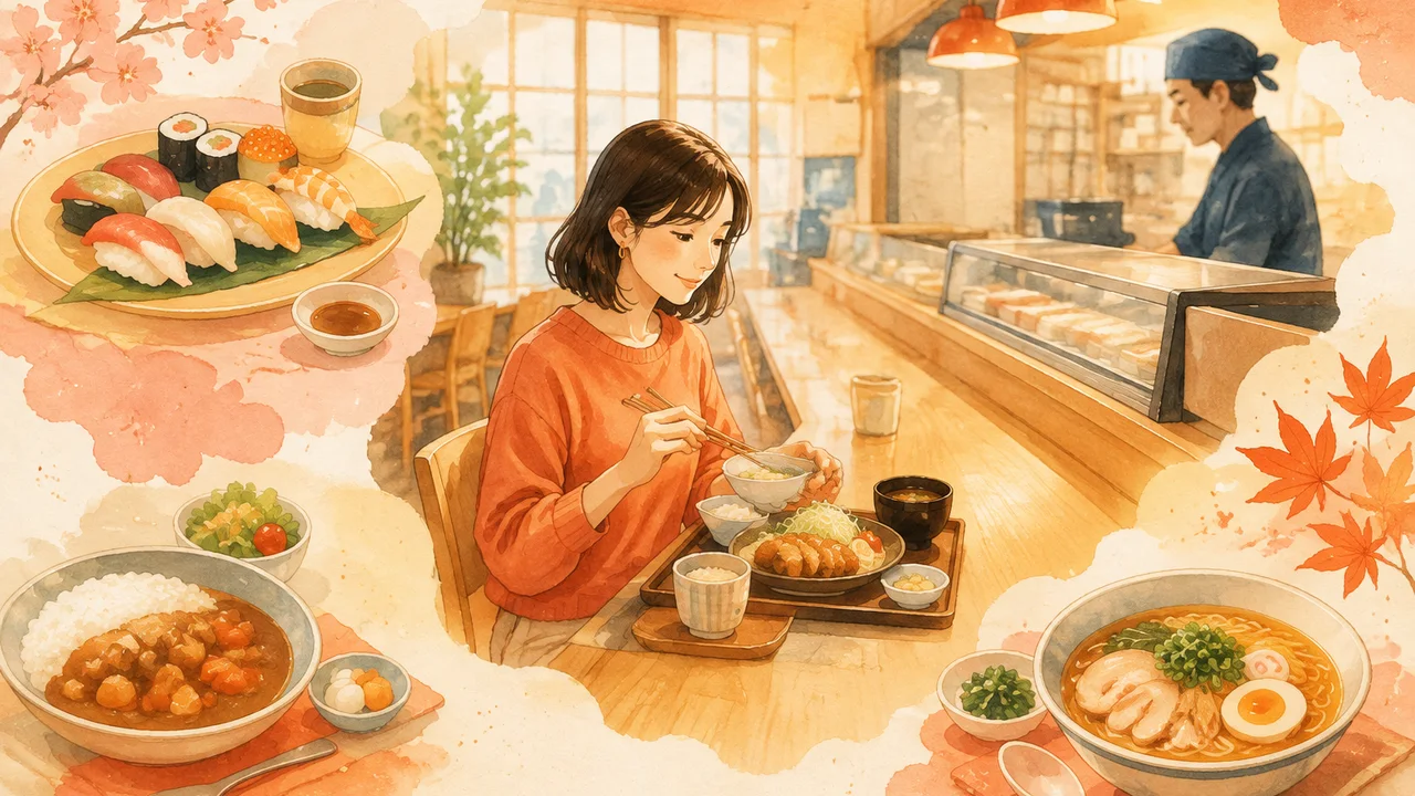 明るい飲食店のカウンター席で一人ご飯を楽しむ様子