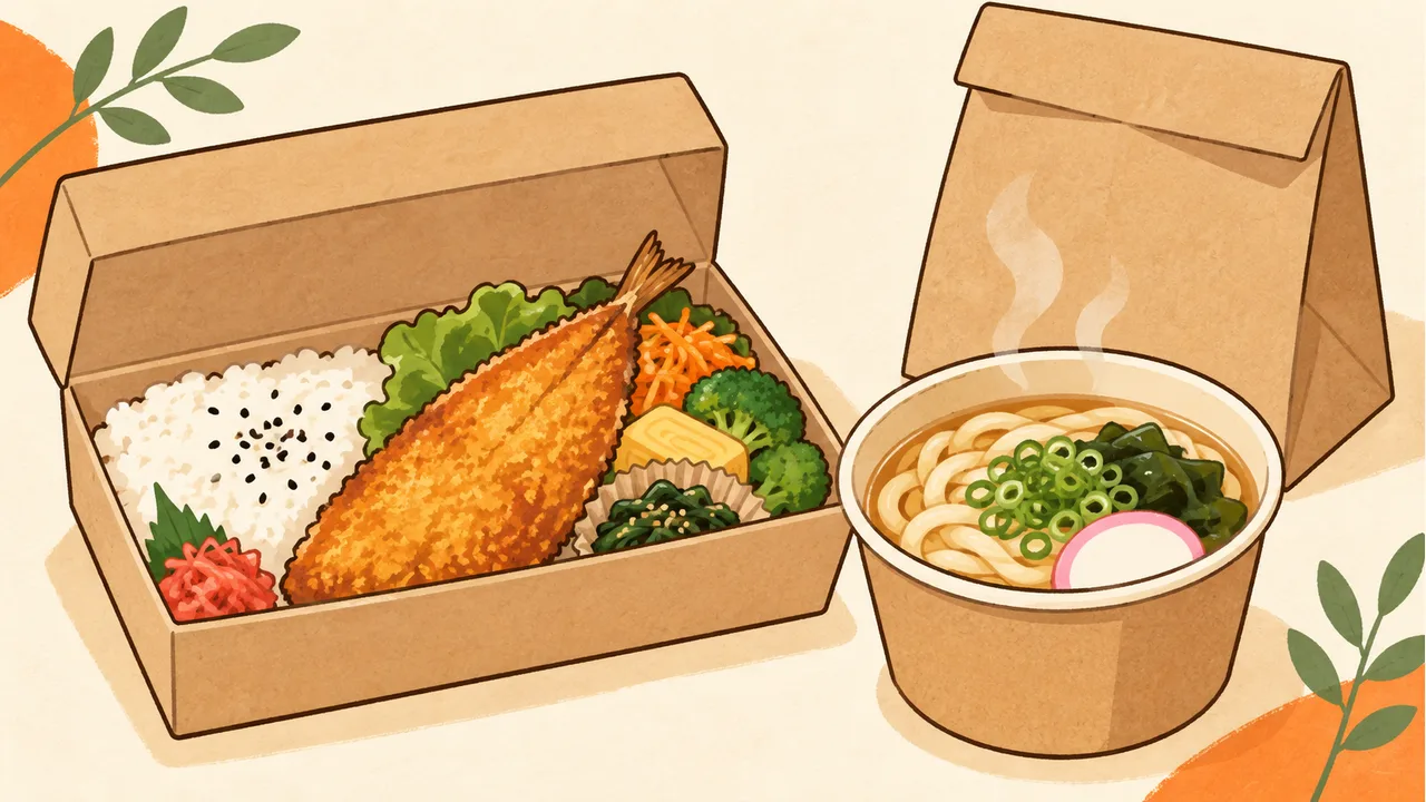 持ち帰り弁当とうどんのイメージイラスト（実際の商品とは異なります）