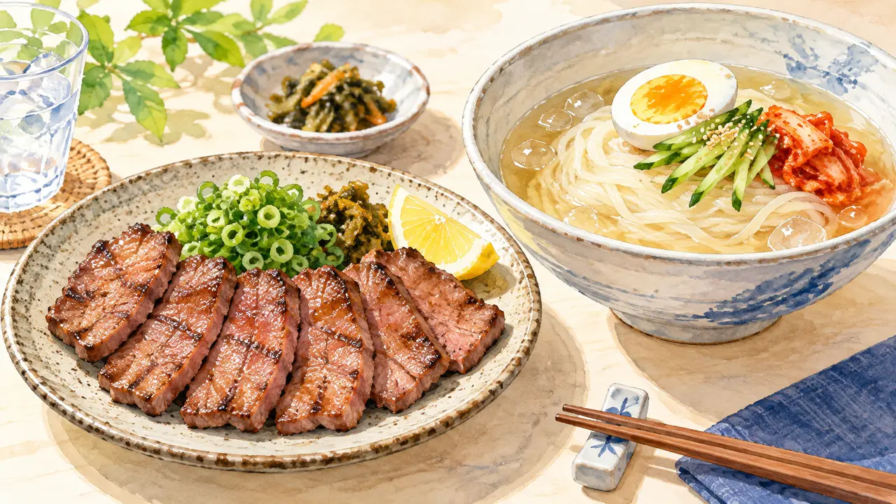 焼いた牛タンと盛岡冷麺のイメージイラスト。やまなか家の商品写真ではありません
