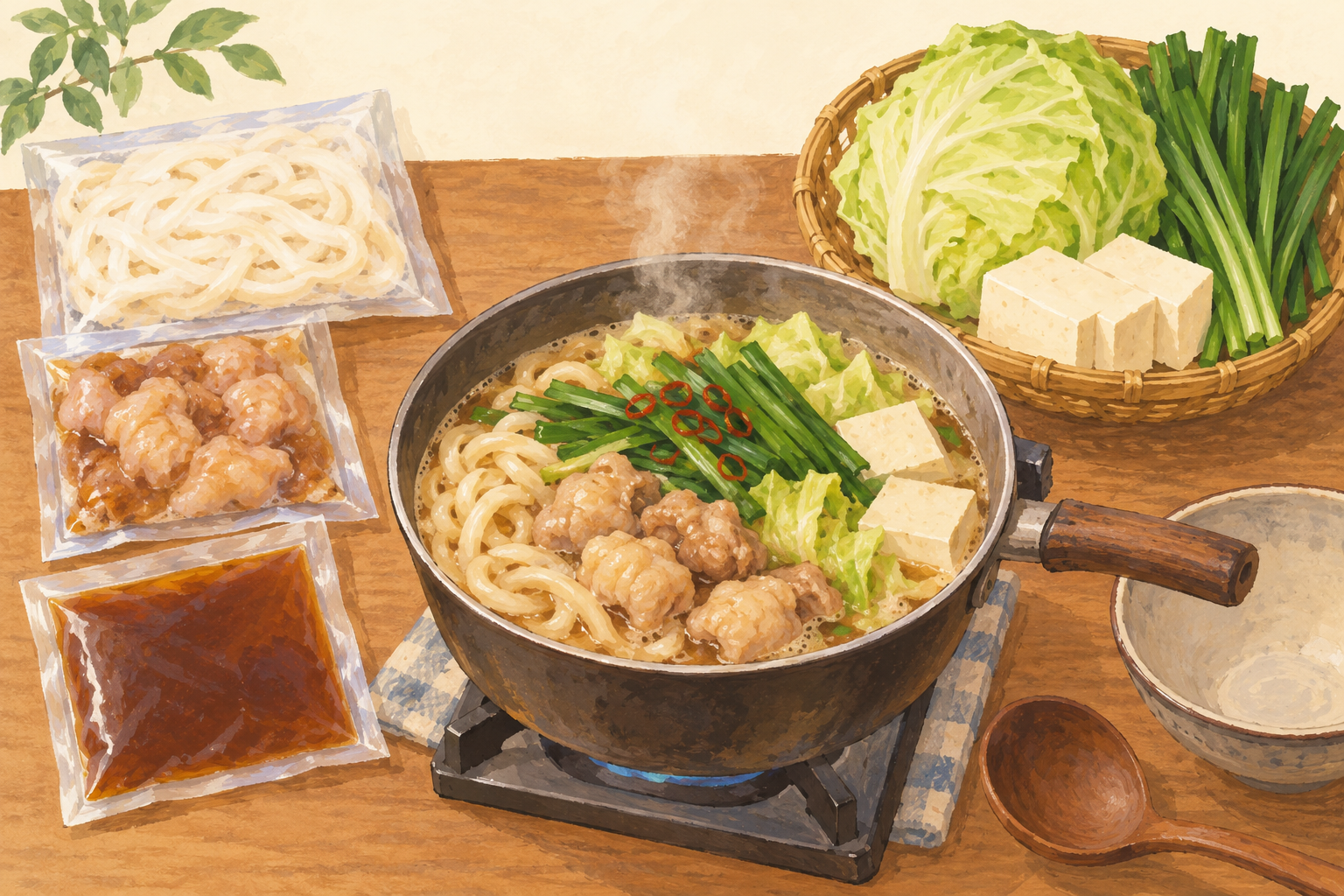 通販キットの麺・ホルモン・つゆと、別に用意する野菜・豆腐を描いたAIイラスト(実物の写真ではありません)